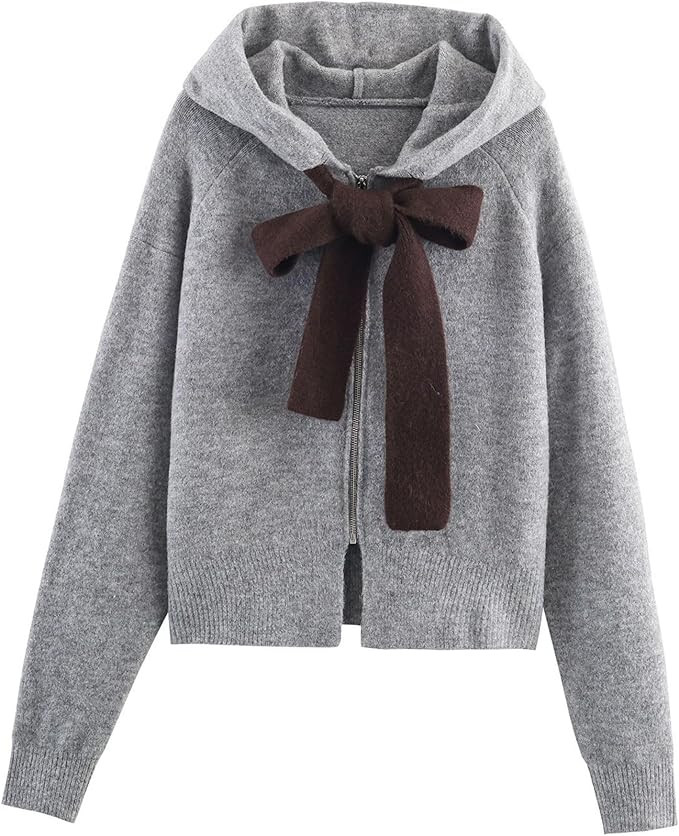 Chevara Women’s Lace Up Bow Hoodie Cardigan Casual Long Sleeve Zip Up Color Block Knit Hooded S... | Amazon (US)