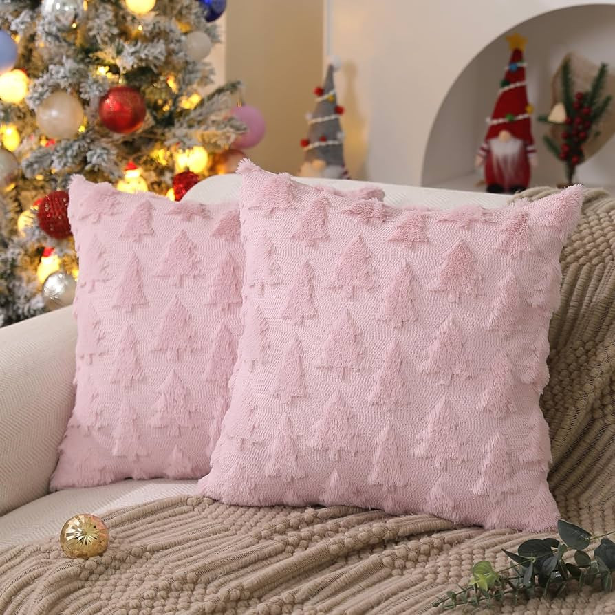 DFXSZ Christmas Tree Pillow Covers 18x18 inch Set of 2 Christmas Decoration Pink Soft Plush Faux ... | Amazon (US)