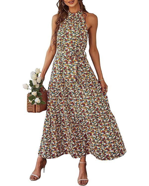 PRETTYGARDEN Womens Floral Summer Sleeveless Halter Neck Flowy Ruffle Hem Long Boho Dresses With ... | Amazon (US)