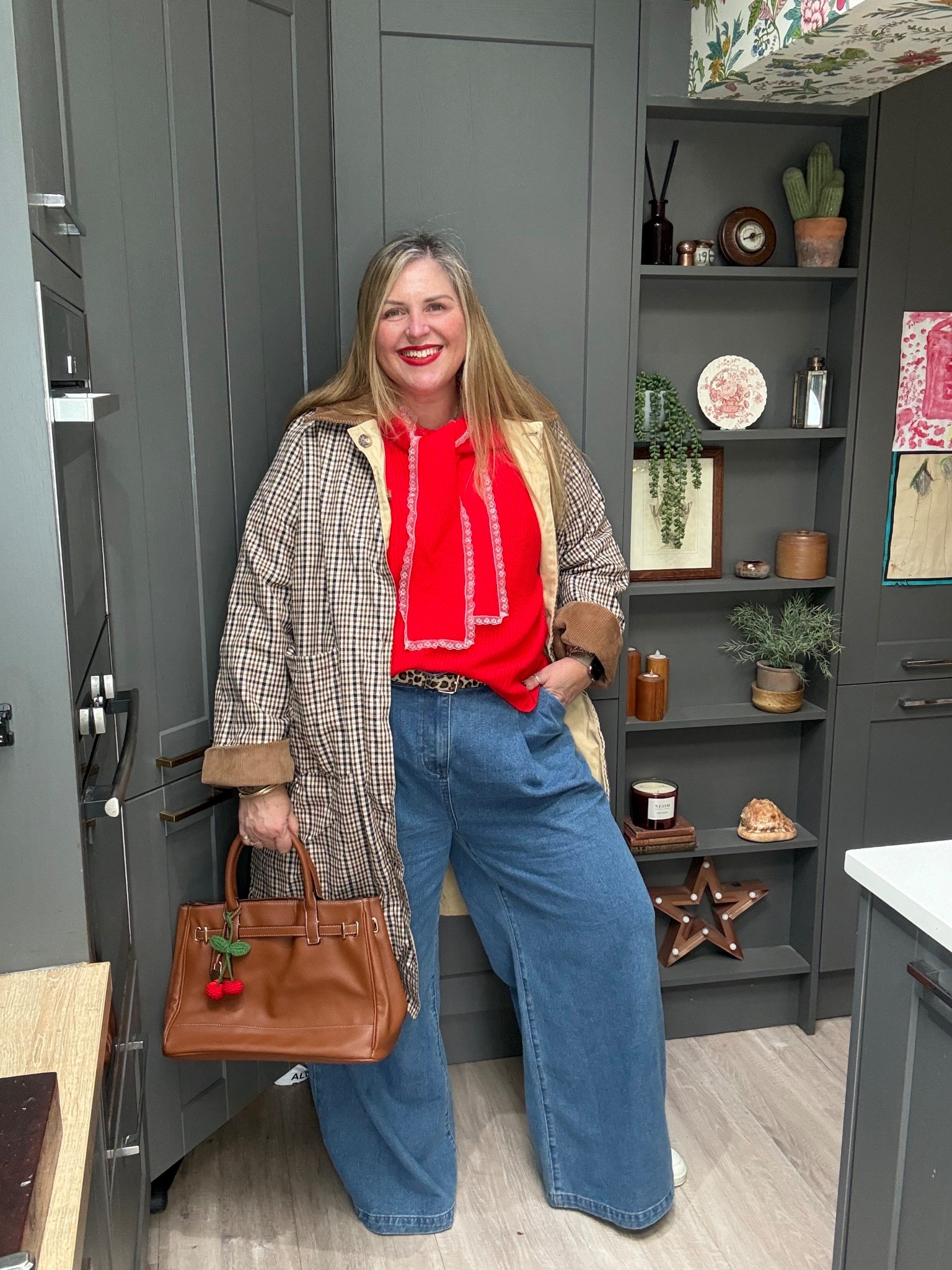 Check coat, wide leg jeans, red scarf jumper, trainers, tote bag 

#LTKspring #LTKplussize #LTKjeans