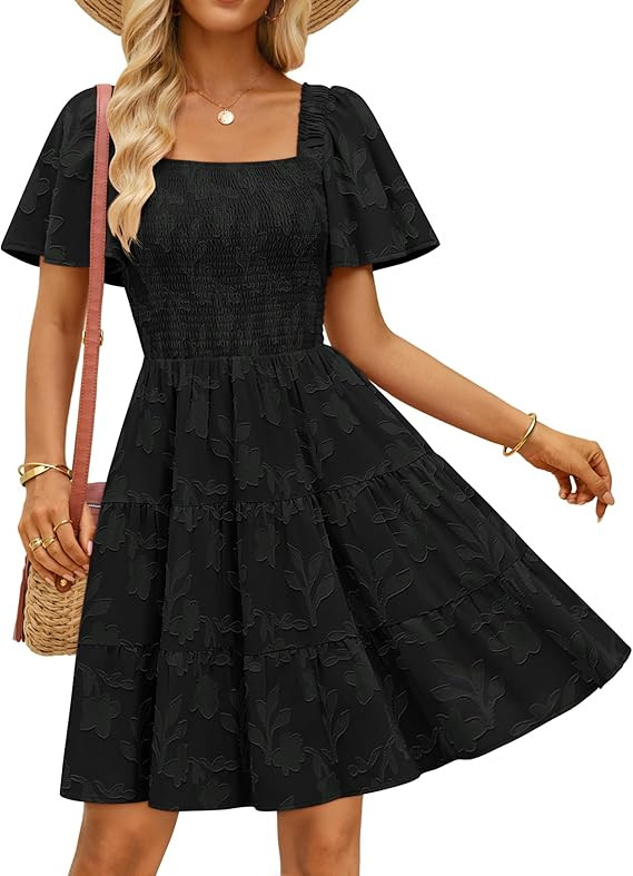 ZESICA Women's Summer Boho Floral Mini Dress 2026 Casual Short Sleeve Square Neck Swing Beach Vac... | Amazon (US)