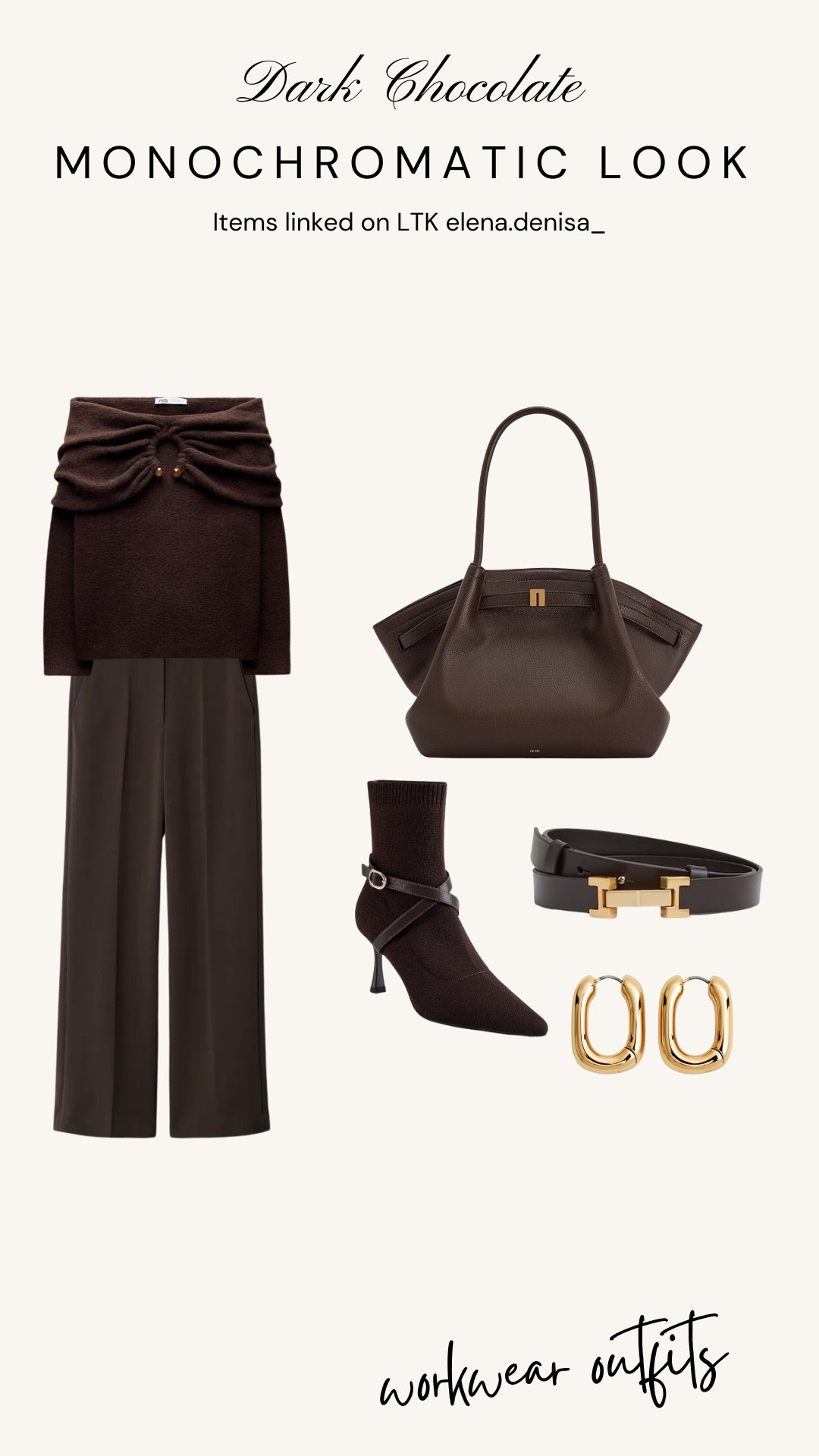 Dark chocolate monochromatic workwear looks Tried to link as many items as possible but not all brands are available on LTK Outfit 1 - Jumper from Zara, boots from Cosy Island 

#LTKworkwear #LTKeurope #LTKuk