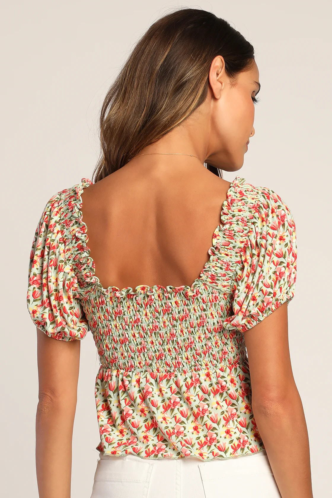 Such A Flirt Sage Floral Smocked Peplum Short Sleeve Top | Lulus
