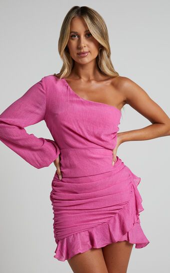 Paige Mini Dress - One Shoulder Frill Hem Wrap Skirt Dress in Pink | Showpo (ANZ)