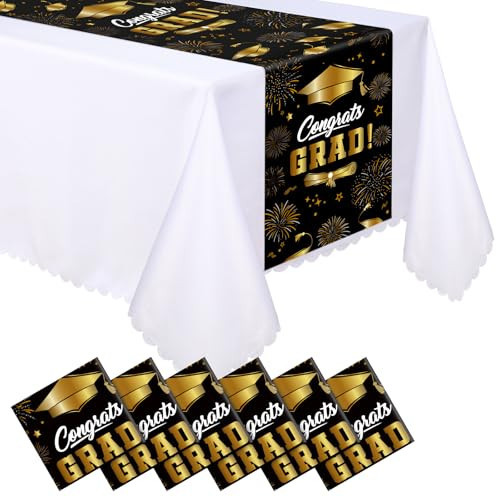 Windkream 6 Pcs Plastic Graduation Table Runner 2026 Congrats Grad Cap Table Decoration 14 x 108 Inch Disposable Tablecloth for Prom Class of 2026 Graduation Party Supplies Favor (Black Gold) | Amazon (US)