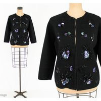 1960S Black Wool Sequin Cardigan | Figure Knits, Medium | Etsy (US)