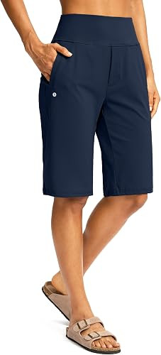 SANTINY Womens 12" Bermuda Shorts Knee Length with Pockets High Waisted Stretchy Casual Walking L... | Amazon (US)