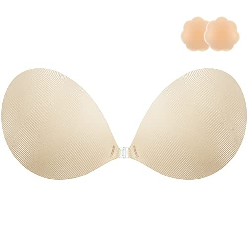 Niidor Adhesive Bra Strapless Sticky Invisible Push up Silicone Bra for Backless Dress with Nipple Covers Peach(E Cup) | Amazon (US)