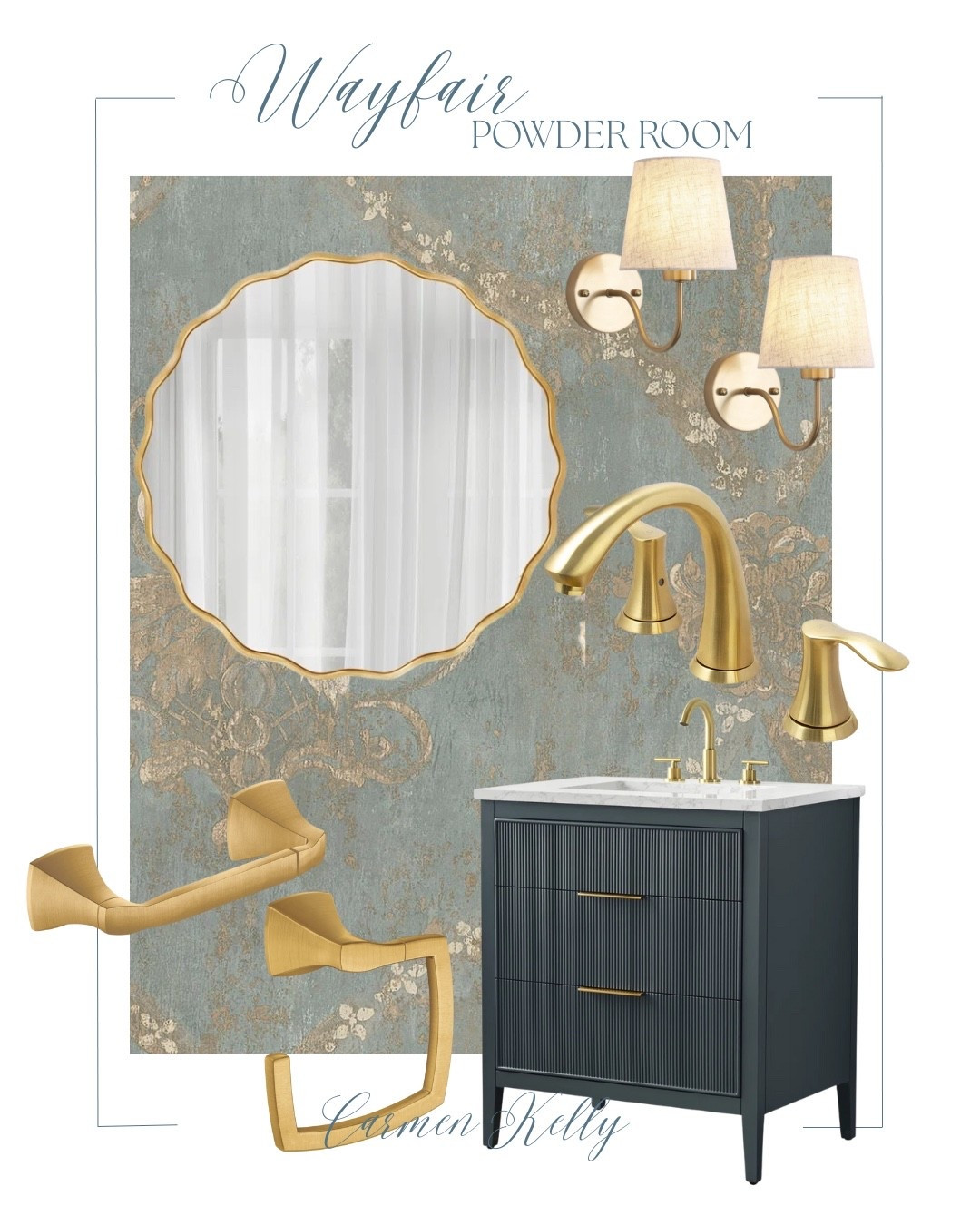 Wayfair, powder room, new house, home, interior design, projects, southern, bathroom, new construction, classic decor, gold accents, mirror, sconces, faucet, vanity, wallpaper, toilet paper holder, towel holder 

 #LTKHome #LTKSaleAlert #LTKStyleTip