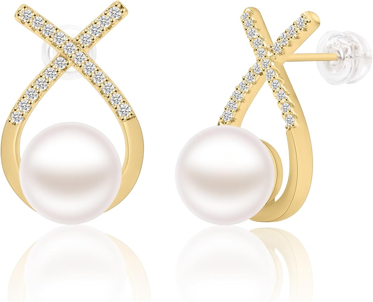 Pearl Earrings for Women,925 Sterling silver AAAA+ Freshwater 9.5mm-10mm Pearl Earrings Stud,14K ... | Amazon (US)