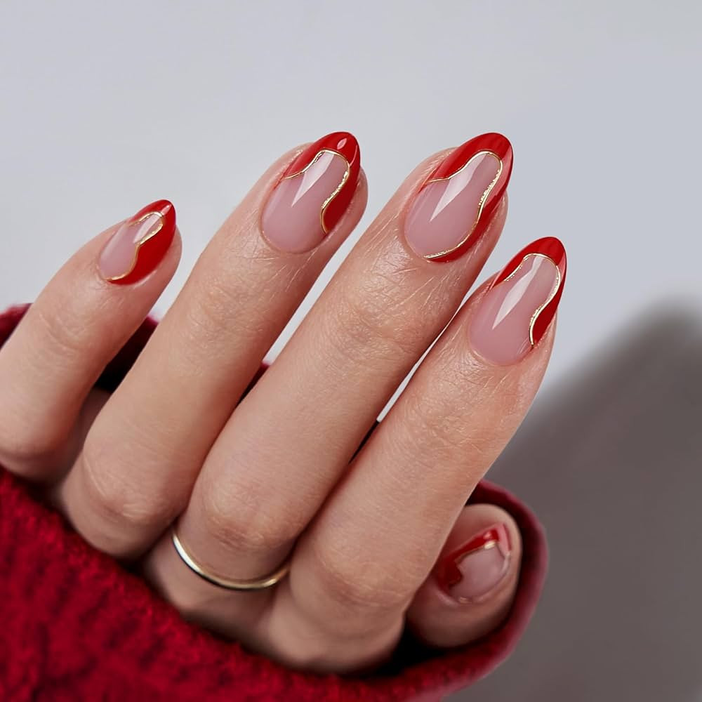 BTArtbox Press On Nails Almond - Designed Red French Tip Press On Nails Short with Gold Foil, Glu... | Amazon (US)