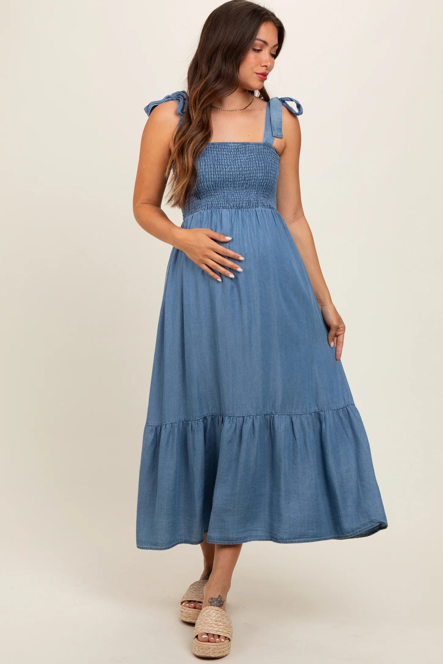 Blue Chambray Smocked Square Neck Shoulder Tie Maternity Midi Dress | PinkBlush Maternity