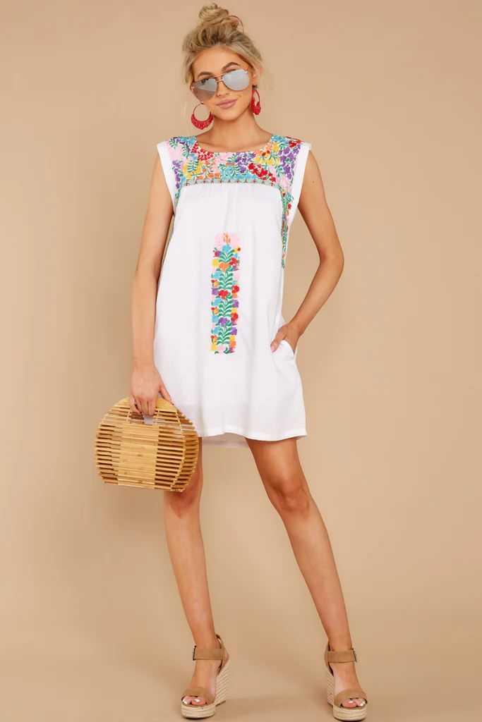 Make It Bloom White Floral Embroidered Dress | Red Dress 
