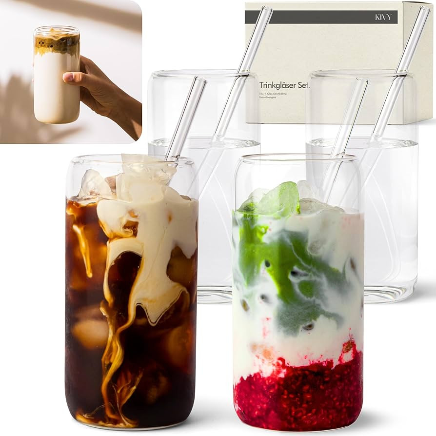 KIVY Trinkgläser Set mit Glas Strohhalm [4x 450ml] Eiskaffee, Wasser & Matcha Glas - Longdrinkgl... | Amazon (DE)