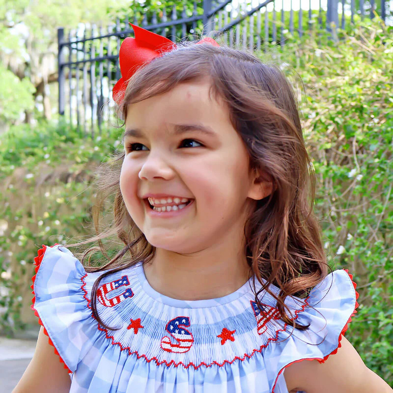 USA Smocked Blue Check Angel Sleeve Bubble | Classic Whimsy