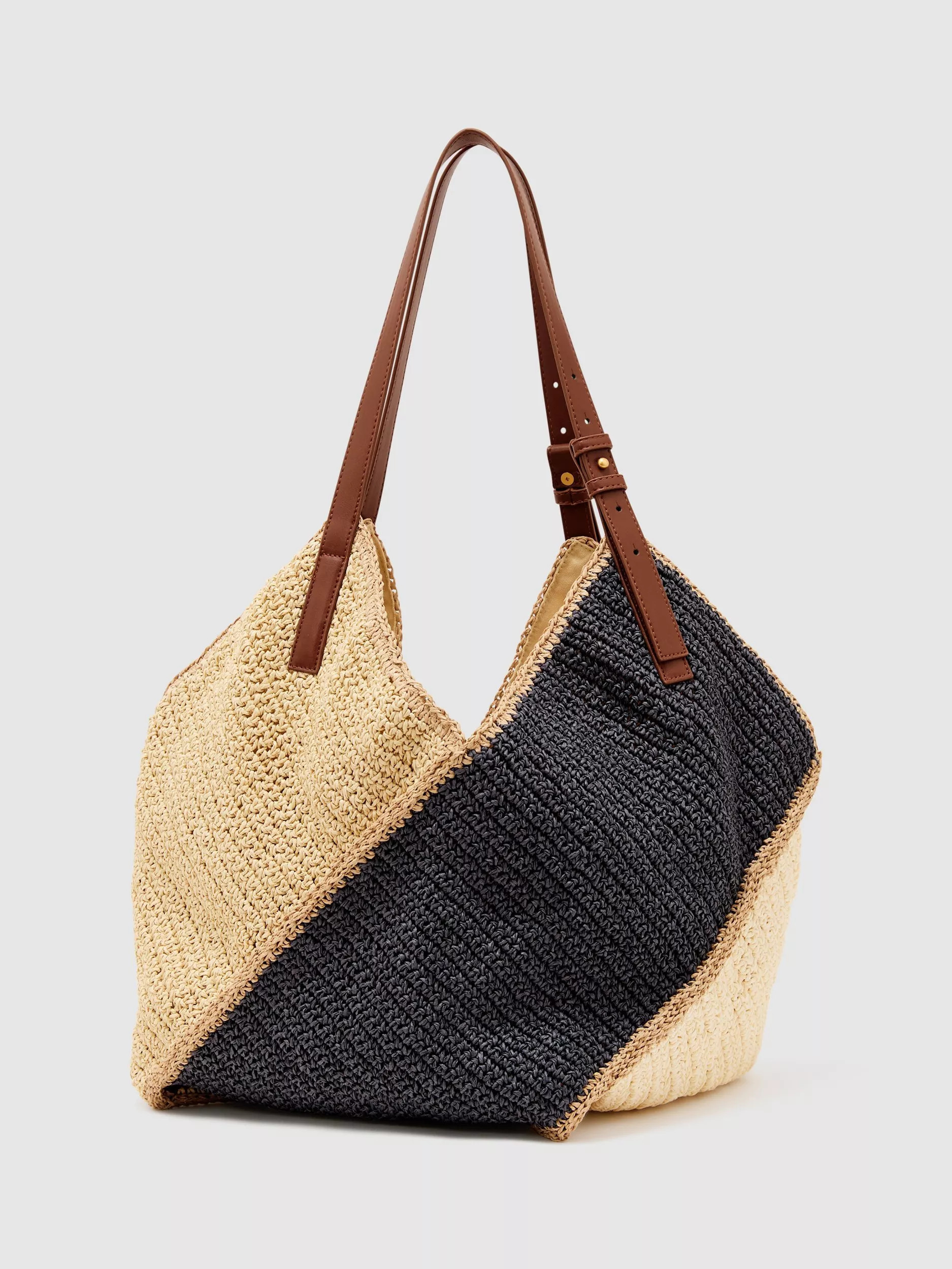 Reiss Farrah Raffia Effect Colour Block Tote Bag, Navy | John Lewis (UK)
