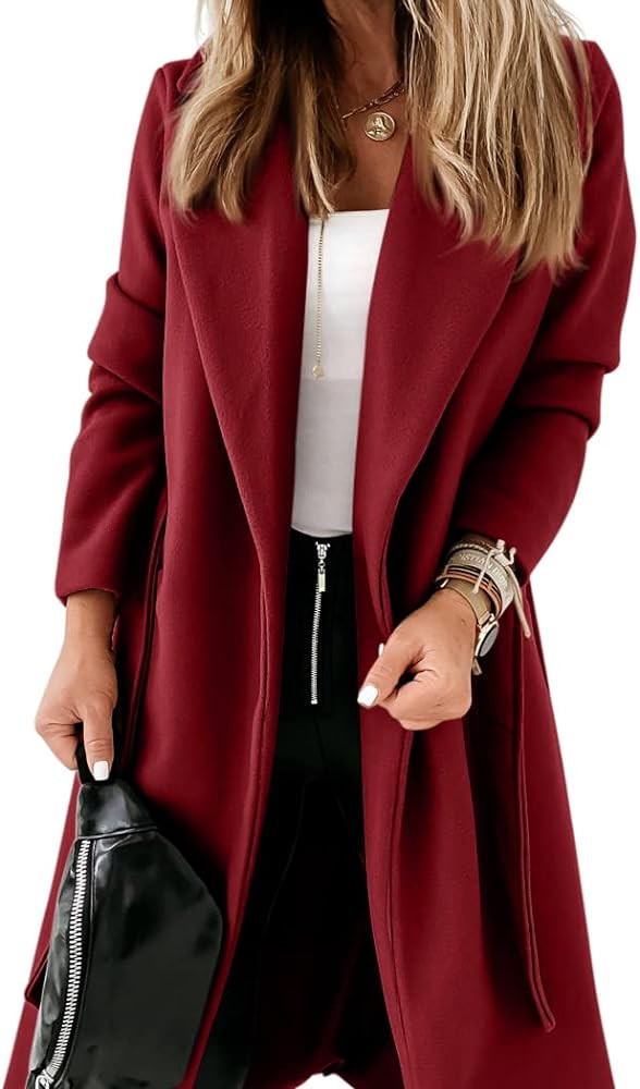 Womens Classic Coat Lapel Collar Open Front Belted Long Jacket | Amazon (US)