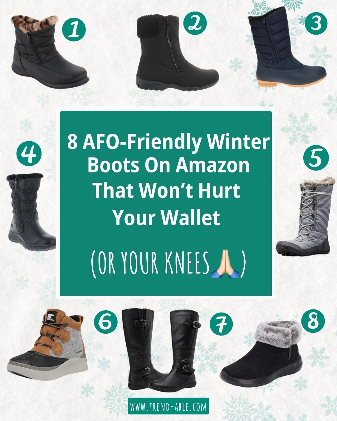 Winter boots that won’t hurt your wallet…⁣
or your knees 🙏❄️⁣
⁣
If you wear AFOs (or just need a cute, wide, easy-on boot with actual traction), these 8 budget-friendly picks hit both the “I want” and the “I need” lists.⁣
⁣
I rounded up Amazon styles that check all the boxes:⁣
✔ wide and extra-wide width sizes⁣
✔ removable insoles⁣
✔ warm + waterproof⁣
✔ wide openings⁣
✔ extra stability for slippery days⁣
⁣
Which pair do you like best? Link in bio (or Comment “boots” and I’ll send it 😄)⁣
⁣
⁣
ALT Text:⁣
Graphic showing eight AFO-friendly winter boots from Amazon arranged around a teal box with the text: ‘8 AFO-Friendly Winter Boots on Amazon That Won’t Hurt Your Wallet (or your knees).’ Each boot is numbered and shown on a snowy white background with subtle snowflake graphics. The boots include various easy-on styles such as wide-opening zippers, warm faux-fur linings, waterproof materials, and wide-width options