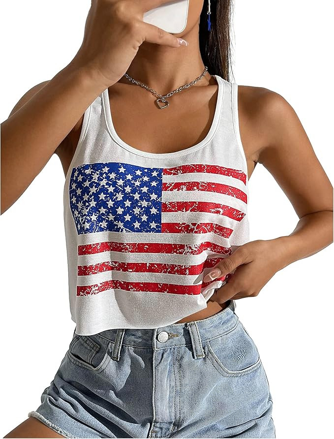 Women's Sexy American Flag Crop Tank 4th of July Patriotic Sleeveless Tee Tops | Amazon (US)