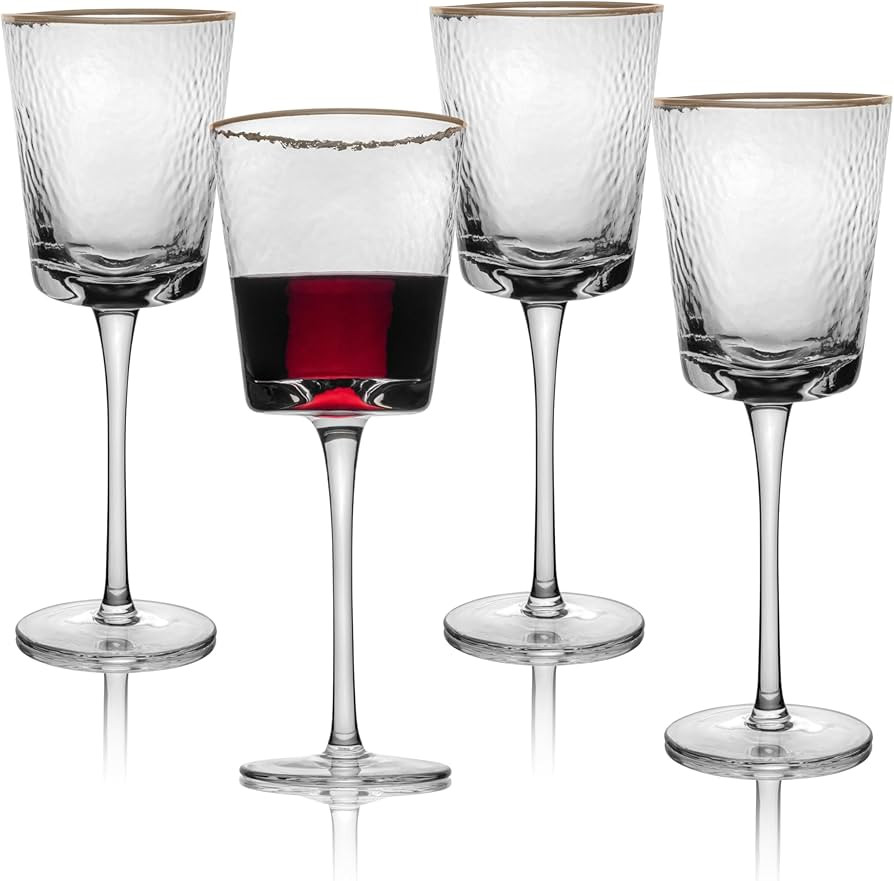 Bec's Designs Gold Rimmed Wine Glasses – Set of 4, 10oz Handblown Hammered Glass, Unique Triang... | Amazon (US)