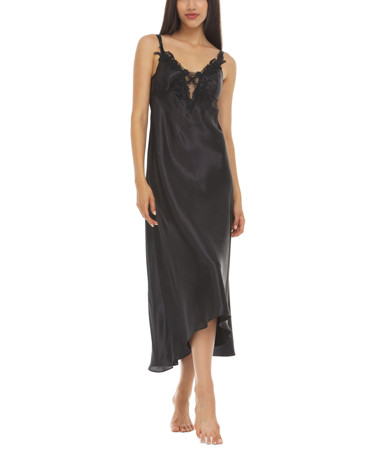 Flora by Flora Nikrooz Stella Satin Venise Trim Lingerie Nightgown - Black | Macy's