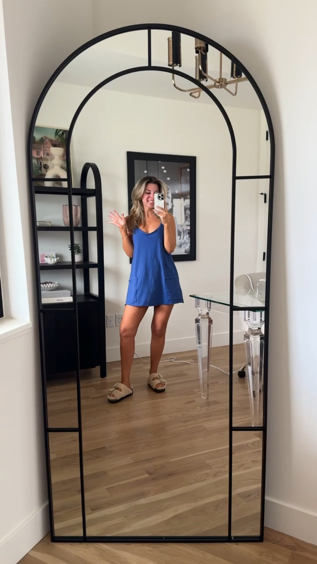 Amazon black frame arched floor length mirror home decor favorites. 

Wearing my usual small in dress. 

Electric picks code: emerson20 

#LTKHome #LTKFamily #LTKActive