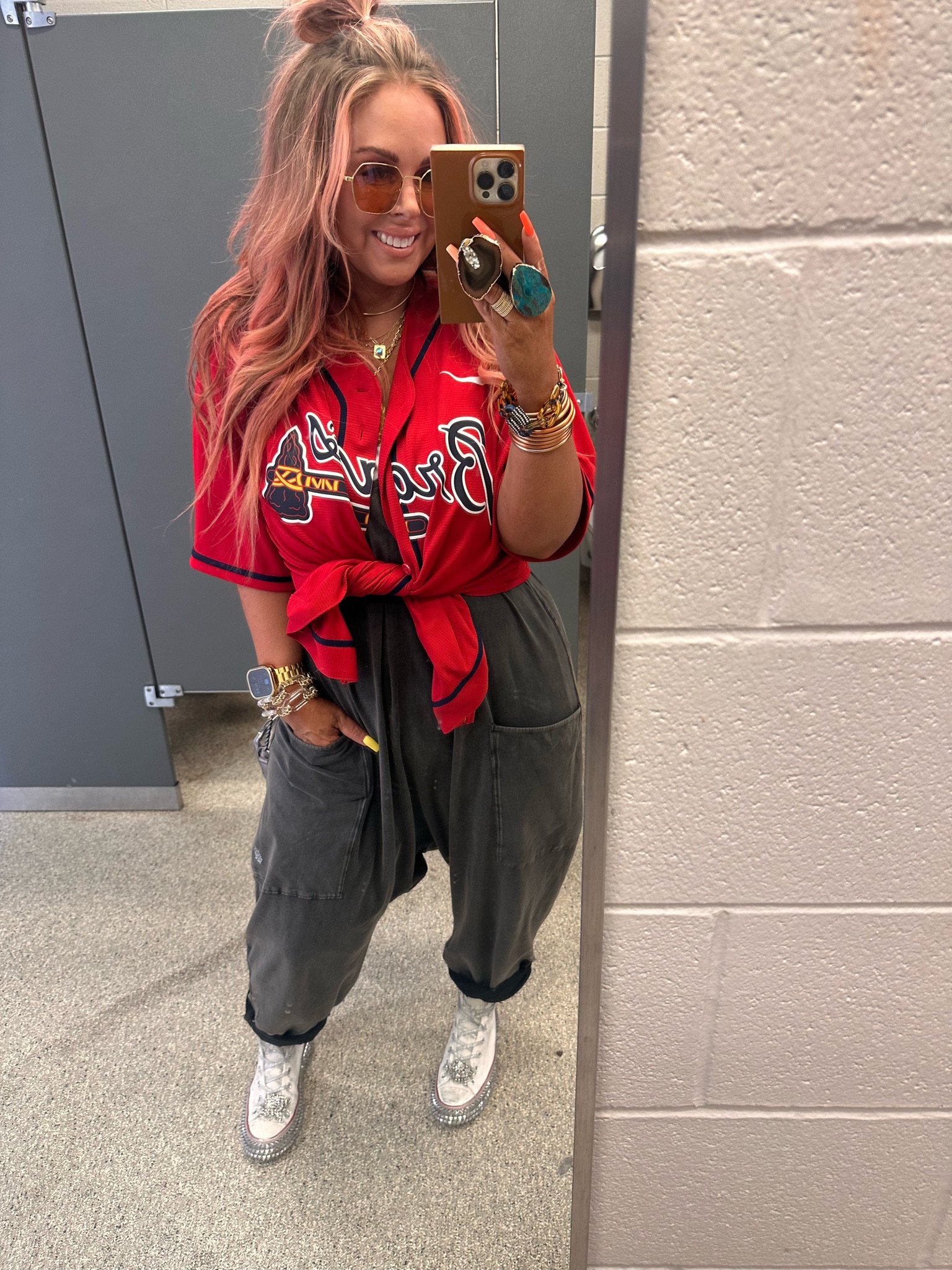 Braves bathroom fit check 😜 this free people Hot Shot Onesie in washed black is the best 🔥 must have converse dupe w studs from free people. Cruise studded hi top sneakers in white🙌🏻 #baseballfit #baseballgame #braves 

#LTKbeauty #LTKfamily #LTKfit