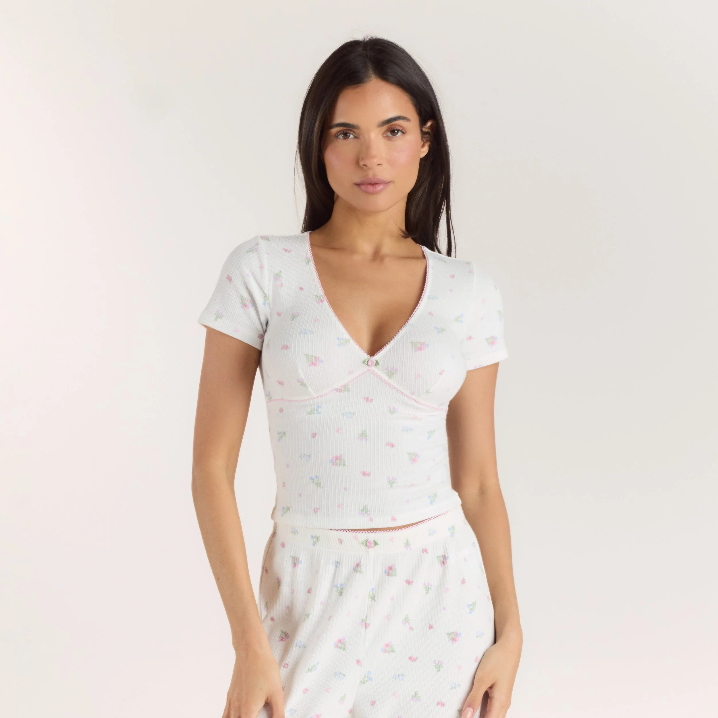 Ribbed Short-Sleeve Pyjama Top - White Floral | Lounge (UK)