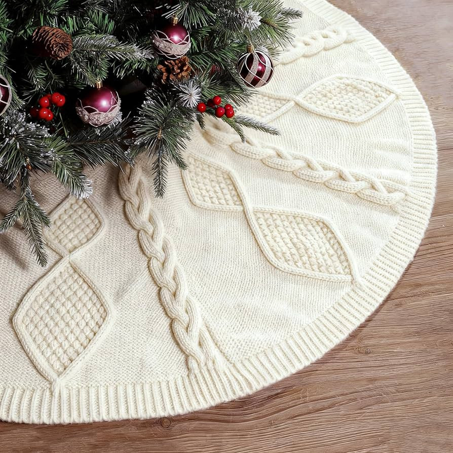 48 inch Christmas Tree Skirt: Diamond Braided Cable Knit Tree Skirt for 7.5ft Tree, Cream White T... | Amazon (US)