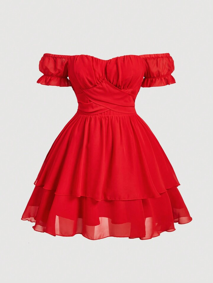 SHEIN MOD Summer Holiday/Date Blue Solid Off-Shoulder Multi-Layer Ruffle Big Bowknot Casual Dress, Plus Size,Birthday Dresses For Women | SHEIN