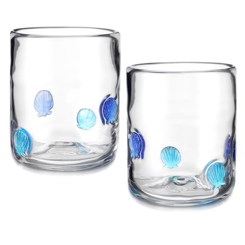 Maxdot 2 Pcs Icon Juice Glasses Seashell Glass Cups Drinking Shell Stemless Wine Glasses 14 Ounce Double Old Fashioned Icon Hand Blown Cocktail Cups Gifts for Women Summer Sea Party Supplies | Amazon (US)