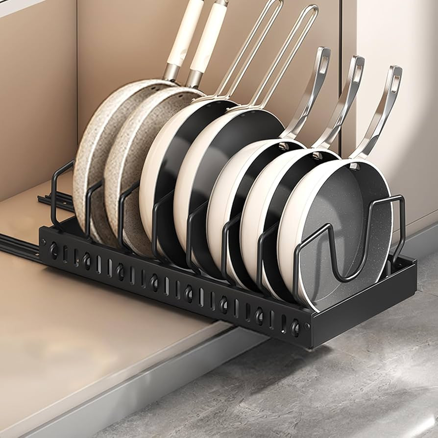 Pots and Pans Organizer Under Cabinet, Sliding Pot Lid Holder and Pan Rack in Kitchen, Pull out P... | Amazon (US)