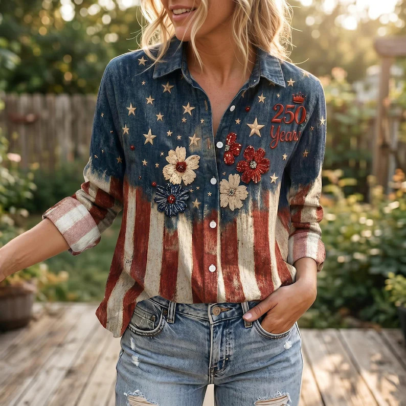Vintage USA Floral Linen Look Shirt, Retro American Flag Women's Blouse, Patriotic 4th of July To... | Etsy (Global)