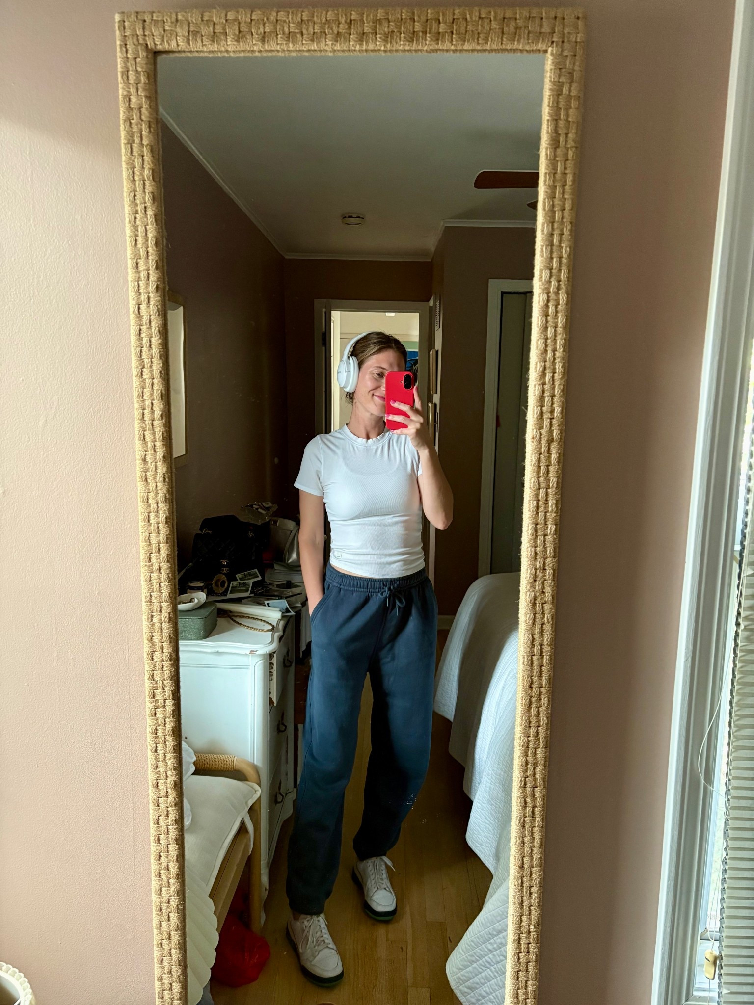 Worn this comfy outfit two days in a row! Sweats are actually from the men’s section and the fit is PERFECT. Went with my normal size. 

Over the ear headphones are on major sale right now, and already super well-priced! 