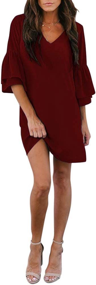 Women's Dress Sweet & Cute V-Neck Bell Sleeve Shift Dress Mini Dress | Amazon (US)