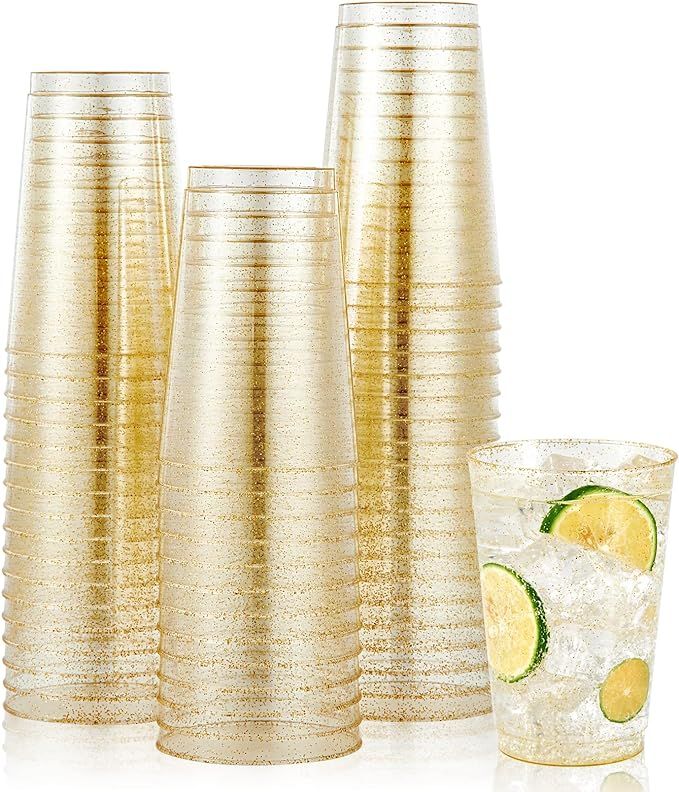 JOLLY CHEF 100pcs 12OZ Gold Plastic Cups,Disposable Gold Cups,Clear Plastic Tumblers,Gold Glitter... | Amazon (US)