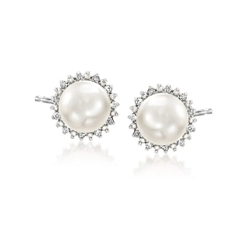 7mm Cultured Pearl Stud Earrings with Diamonds in Sterling Silver | Ross-Simons