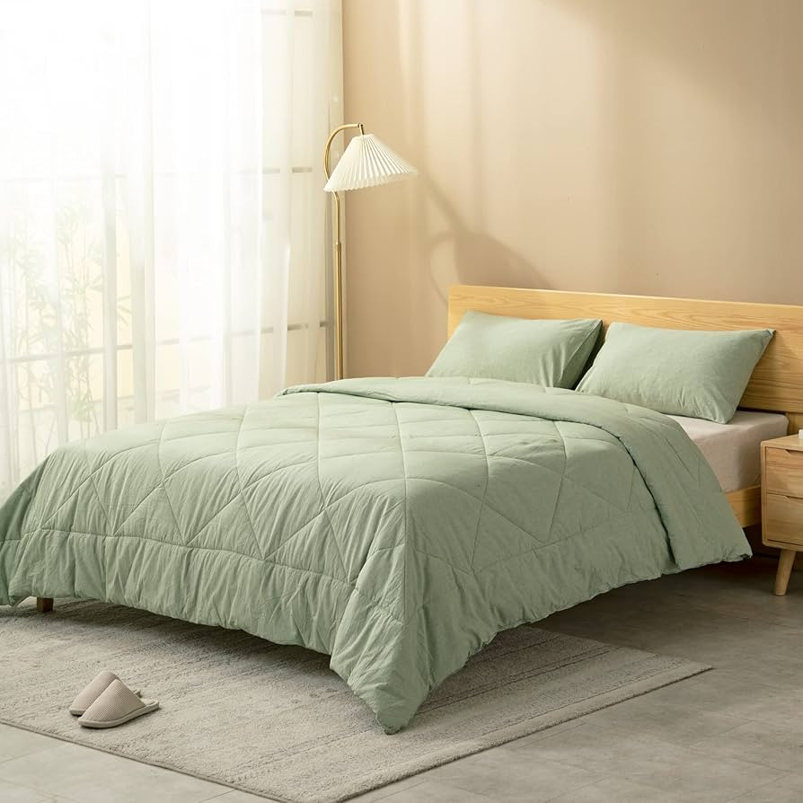 ATsense Sage Green Comforter Set King Size, 3pcs 100% Washed Cotton Simple Solid Color Luxurious ... | Amazon (US)