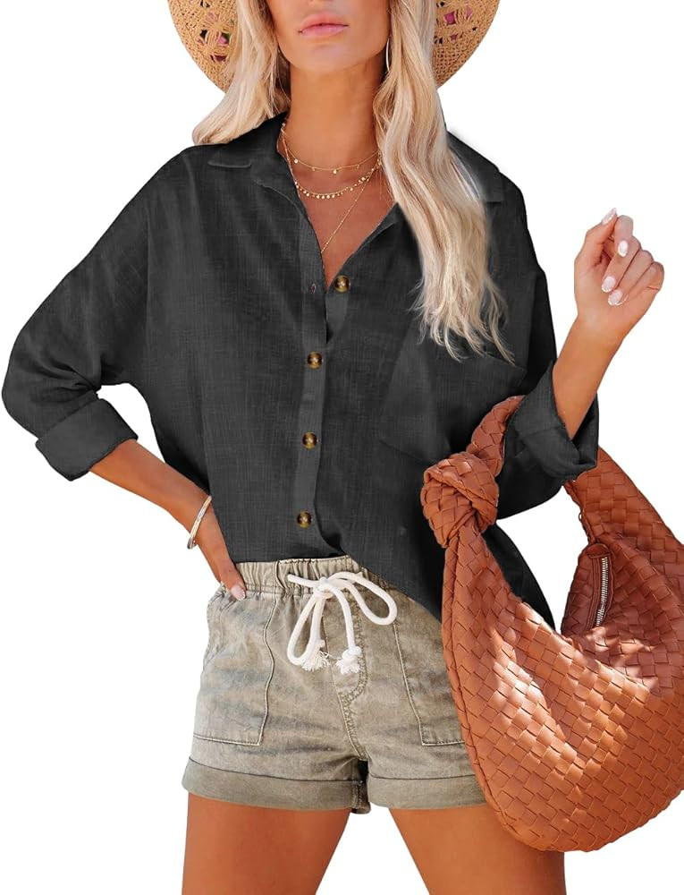 Pausus Women Cotton Linen Button Down Shirts Long Sleeve Office Collared Blouses V Neck Casual To... | Amazon (US)