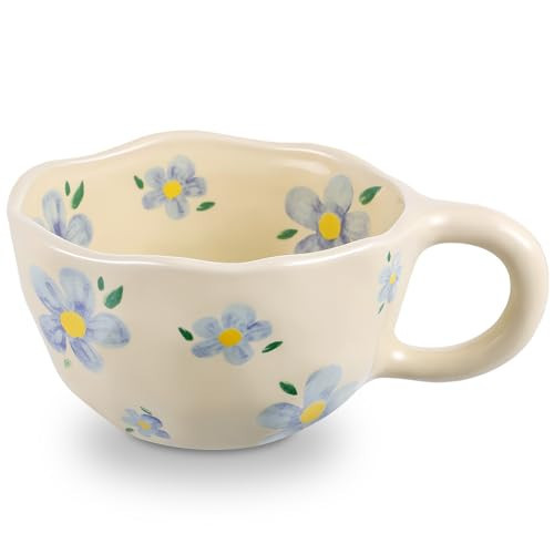 NAYAHOSE Ceramic Coffee Mug, Creative Cute Coffee Mugs Handheld Irregular Aesthetic Flower Ceramic Mug for Women Latte Tea Milk Oats Cup Breakfast Cups，8.5 oz/250 ml (Blue Wildflower) | Amazon (US)