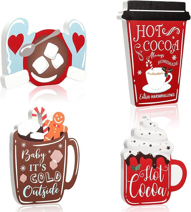 4 Pieces Christmas Hot Cocoa Tiered Tray Decor Christmas Wooden Signs Hot Cocoa Decor Warm Winter... | Amazon (US)