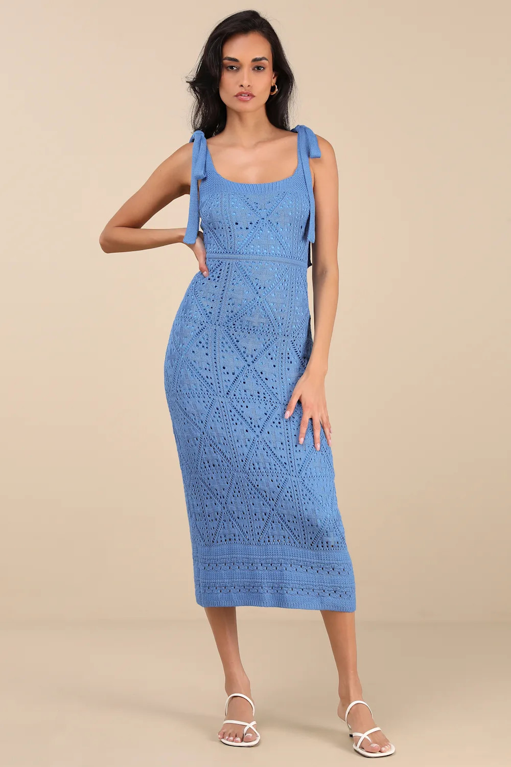Adorable Darling Blue Crochet Tie-Strap Midi Dress | Lulus