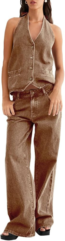 Fisoew Women's Two Piece Denim Set Button Down Backless Tank Top and Wide Leg Jeans 2 Piece Outfi... | Amazon (US)