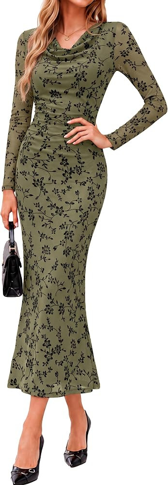 BerryGo Womens Fall Long Sleeve Floral Bodycon Wedding Guest Maxi Dress | Amazon (US)