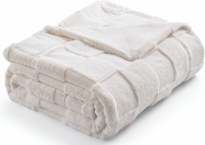 Cozy Bliss Checkered White Faux Rabbit Fur Throw Blanket, Lightweight Fleece Soft Fuzzy Fluffy Mi... | Amazon (US)