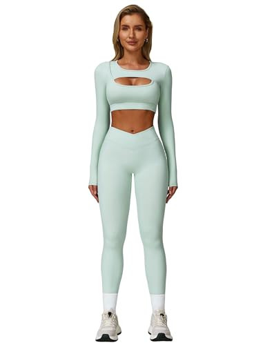 ABOCIW Workout Sets for Women 2 Piece Gym Sets Cutout Long Sleeve Crop Top with Built in Bra Crosover High Waist Leggings Yoga Pilates Fall Outfits Mint Green Small | Amazon (US)