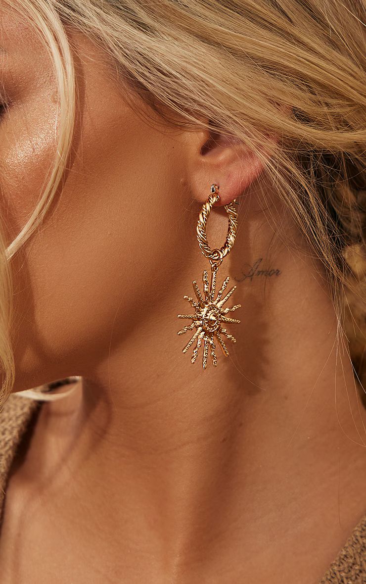 Gold Textured Sun Detail Statement Hoop Earrings | PrettyLittleThing UK