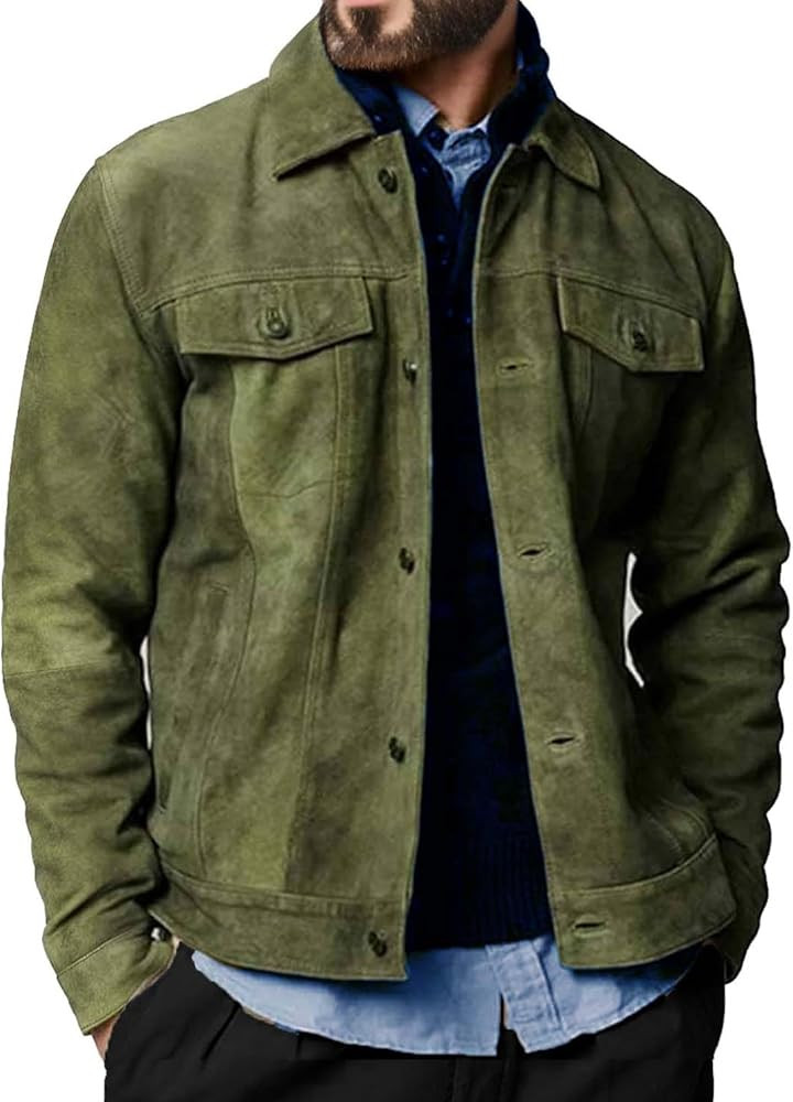 Premium Vintage Trucker Suede Leather Jacket Men Genuine Lambskin Men Leather Jackets Shirt Colla... | Amazon (US)