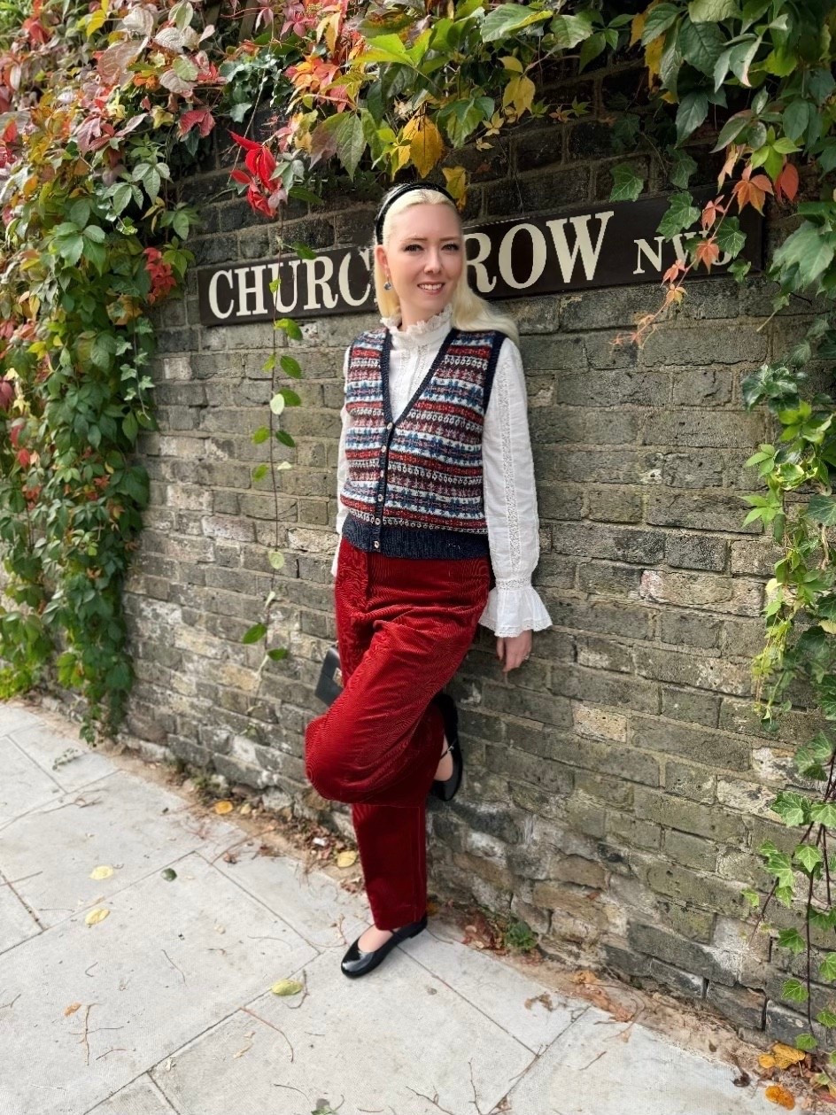 Autumn days wearing Brora 🇬🇧 I absolutely love their timeless pieces like this wool fair isle sleeveless cardigan and organic barrel leg trousers in super soft, high quality rust corduroy. Partner with a feminine lacy blouse and black patent Mary Jane’s for a smart, chic and cosy look suitable for work or play 🍁 #knitwear 

#LTKwinter #LTKeurope #LTKluxury #LTKautumn #LTKuk