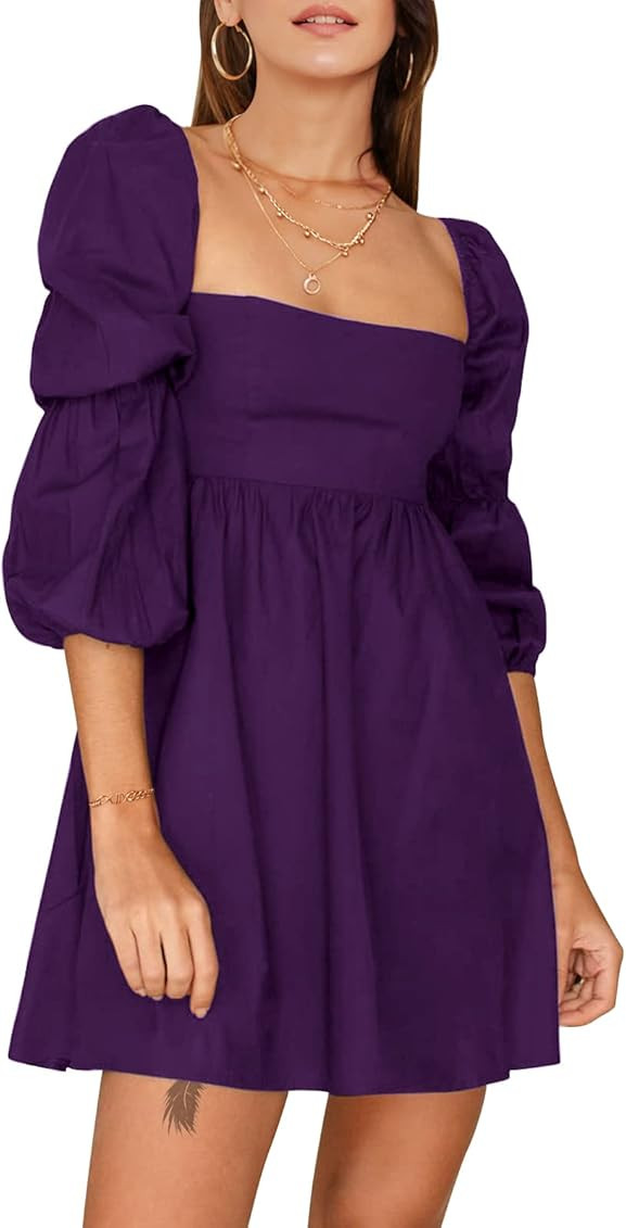 EXLURA Womens Square Neck Dress Long Puff Sleeve A-Line Casual Short Mini Dress | Amazon (US)